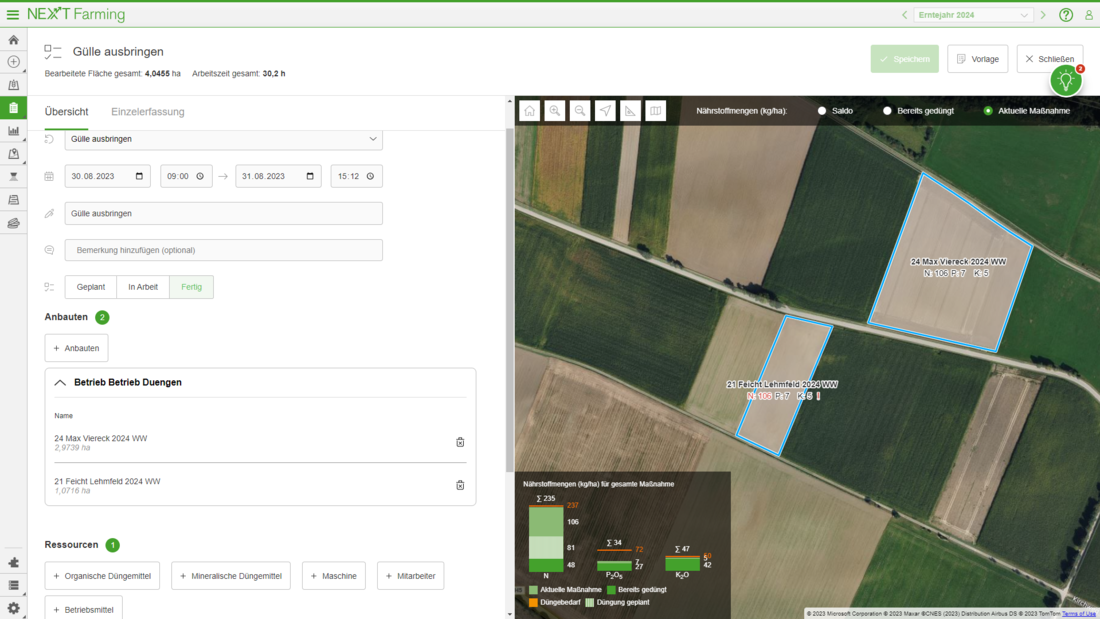 Screenshot des Moduls Anbauplanung und Dokumentation der NEXT Farming Software LIVE.